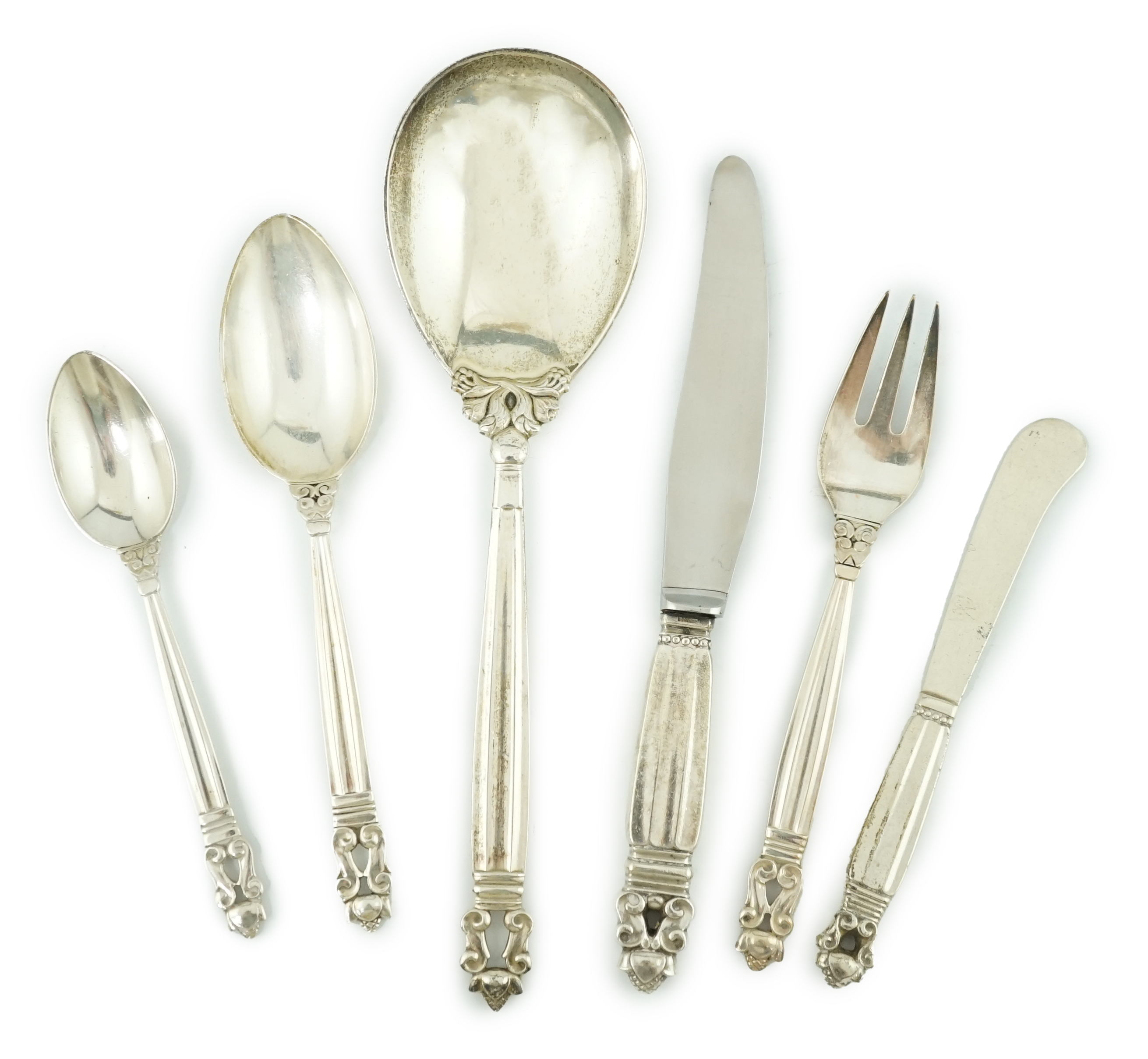 A 1940's and later Georg Jensen canteen of acorn pattern silver cutlery